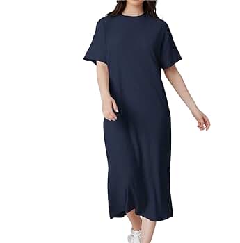 Womens Tee Shirt Dress Crewneck Short Sleeve Drop Shoulder